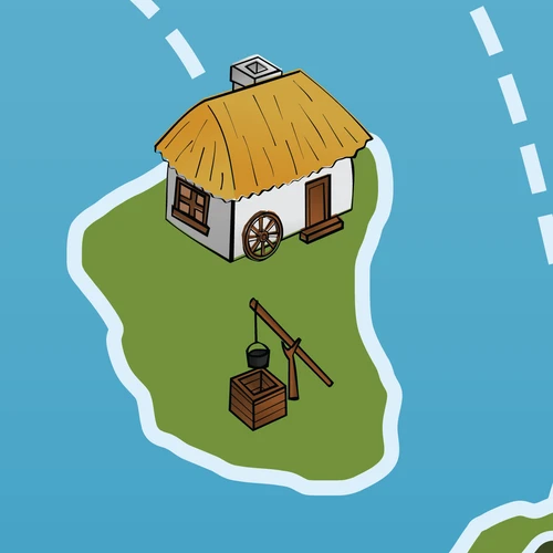 Illustration af husmandssted fra Story Islands plakat